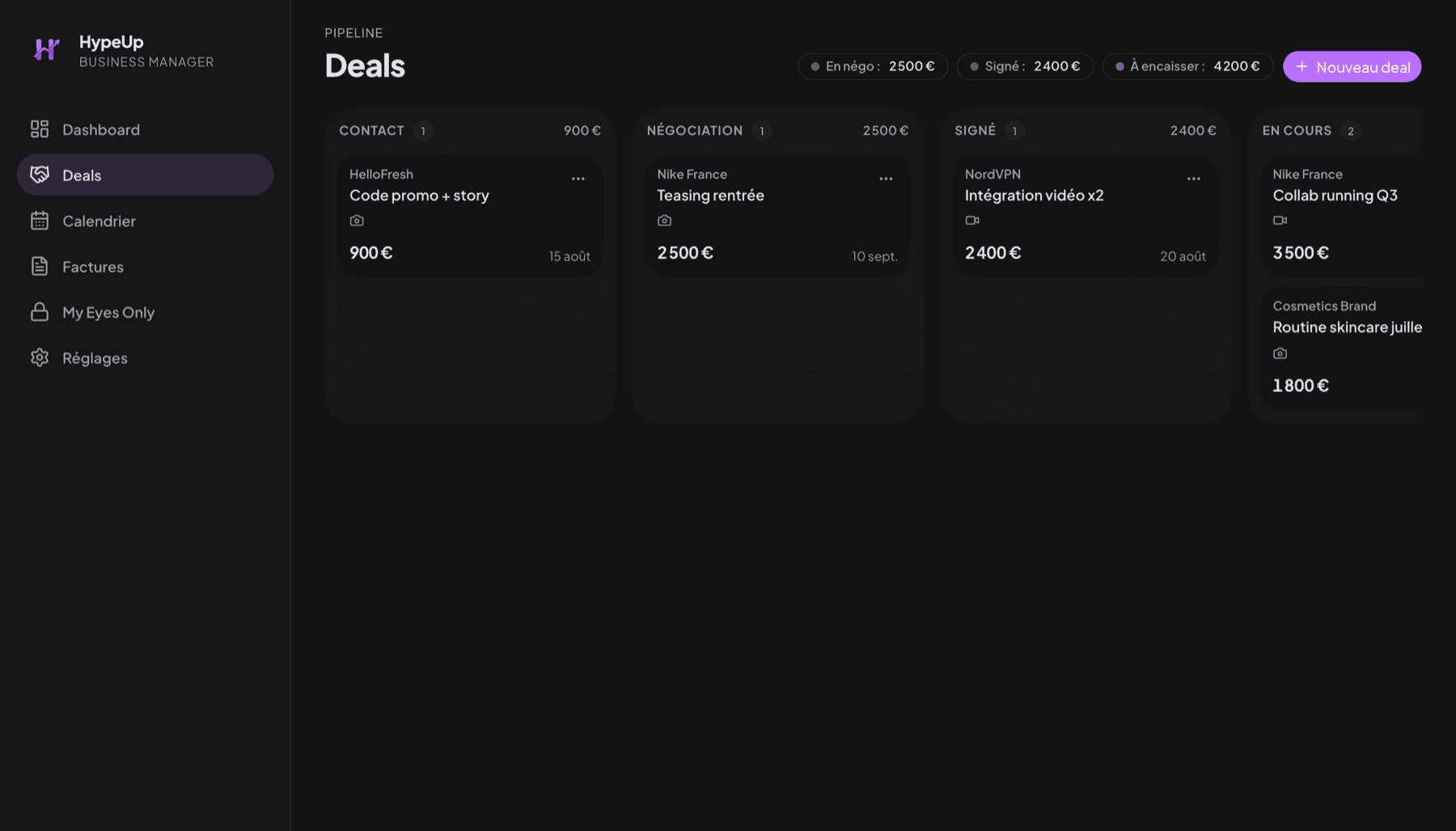 Pipeline kanban des deals de marques dans HypeUp